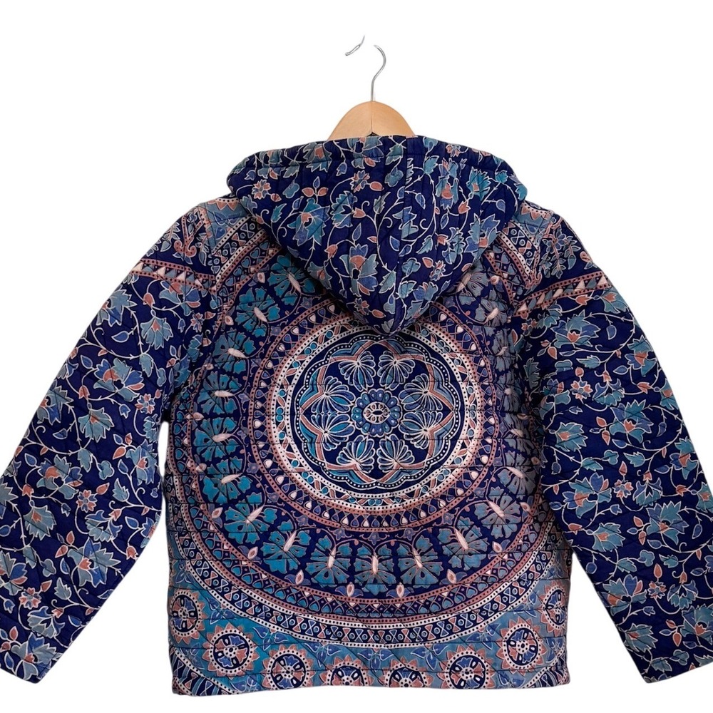 Earthbound Womens Boho Quilted Hooded Jacket XL Blue Cotton Floral Mandala Coat